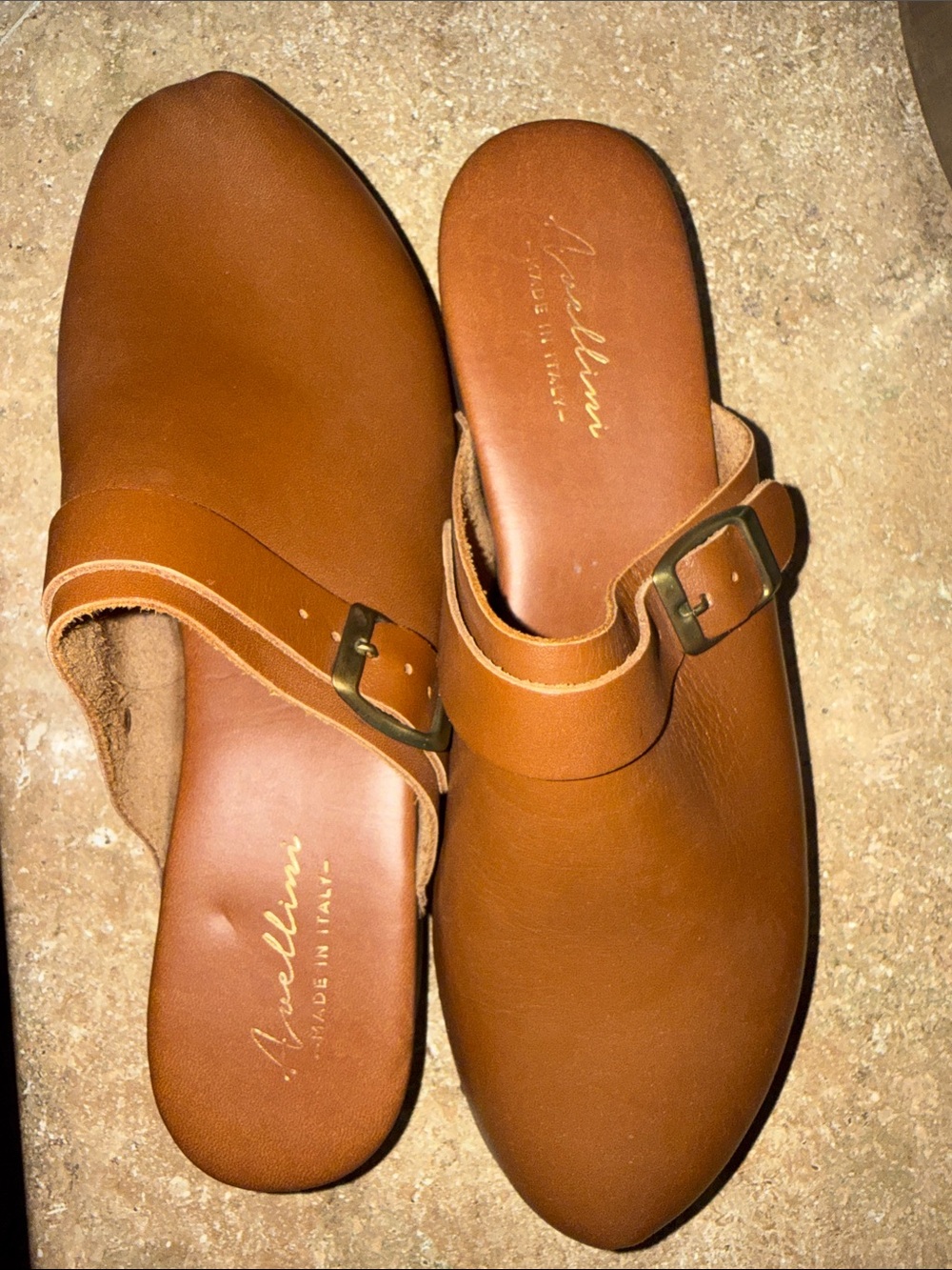 Women's Camel Leather Slip-On Mules with Buckle